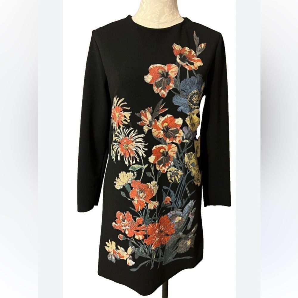 ZARA S Black Embossed Metallic Florals Textured Long Sleeve Shirt Mini Dress